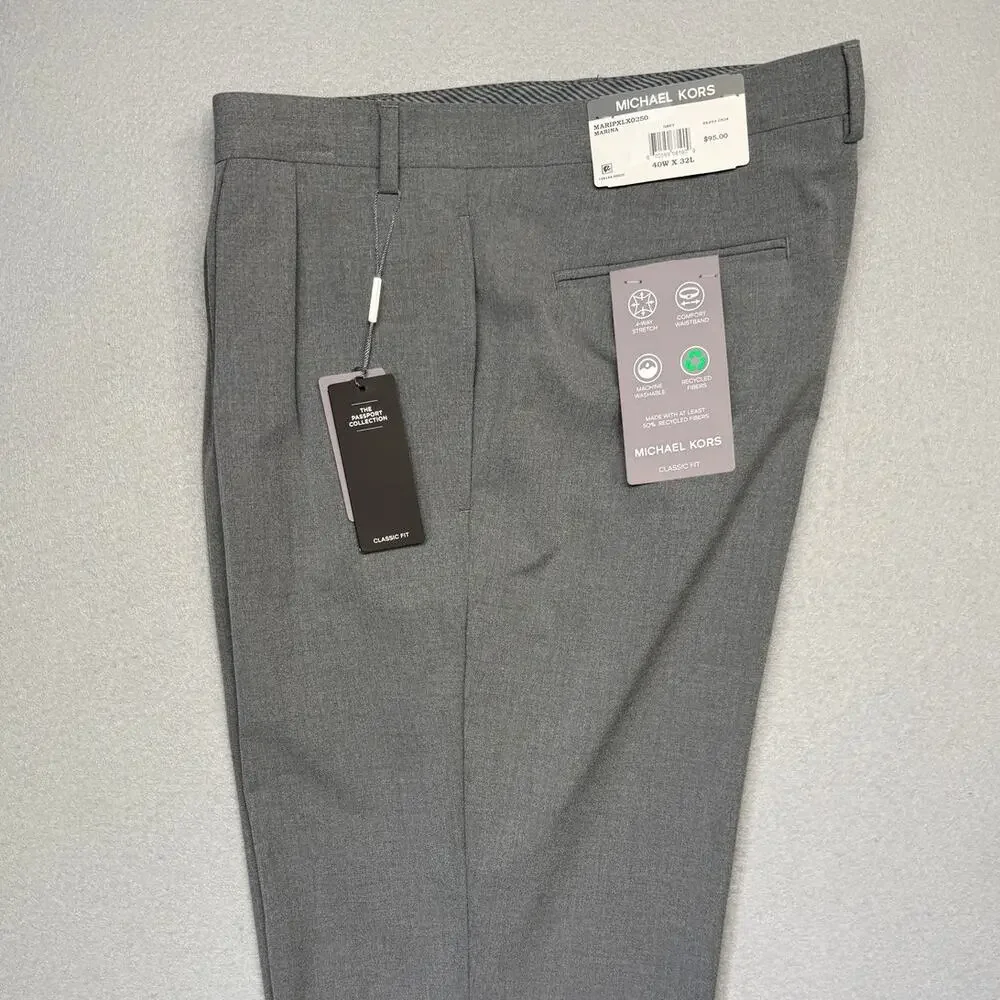 Michael Kors Men's Pleated Solid Classic Fit Pants Grey 40x32 $98